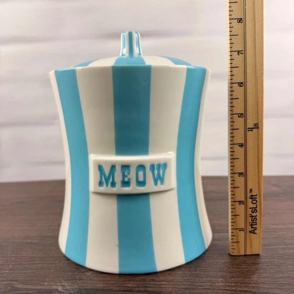 Jonathan Adler Vice MEOW Canister Blue White Striped Porcelain Lidded Jar